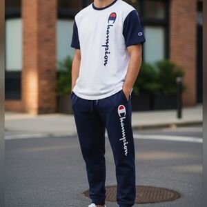 💥Champion Kids' Sweat Pants and Tshirt Set in White and Navy